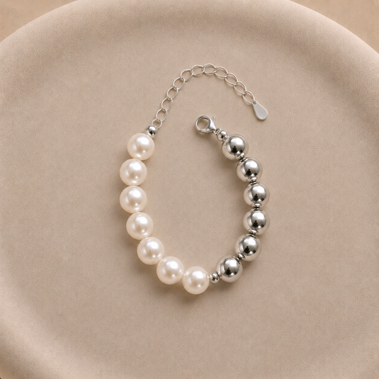 Pulsera Serotonina con perlas y esferas 12 mm bañada en plata ajustable 24 cm