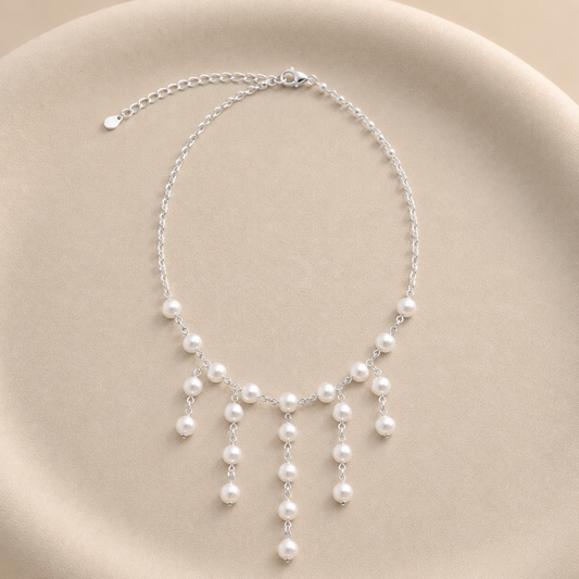 Collar de Perlas Colgantes Bañado en Plata Ajustable 45–51 cm