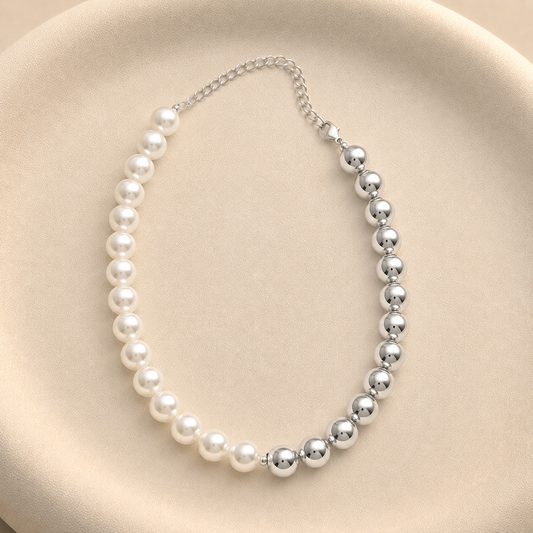 Collar Serotonina con Perlas y Esferas 12 mm Bañado en Plata Ajustable 37–48 cm