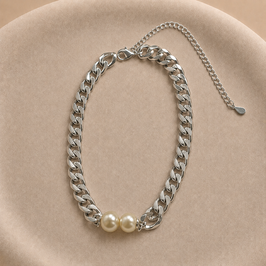 Collar de cadena gruesa con perlas bañado en plata ajustable 32–42 cm