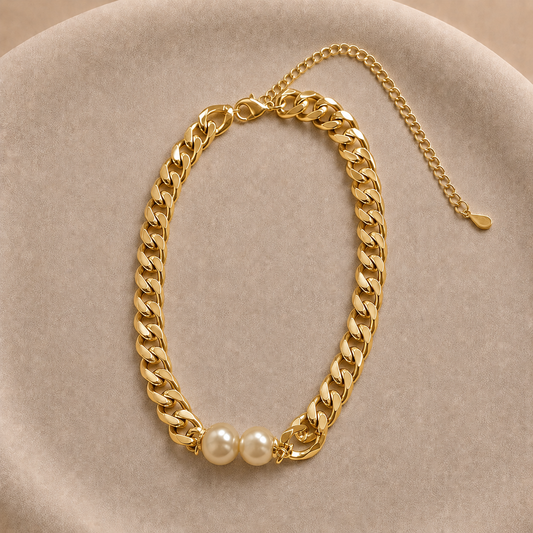 Collar de cadena gruesa con perlas bañado en oro ajustable 32–42 cm
