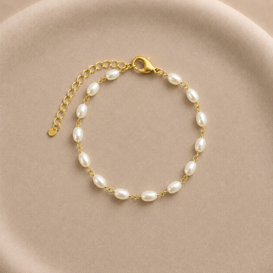 Pulsera de perlas ovaladas bañada en oro con cadena ajustable 24 cm