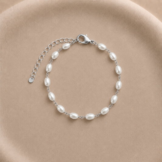 Pulsera de perlas ovaladas bañada en plata con cadena ajustable 24 cm