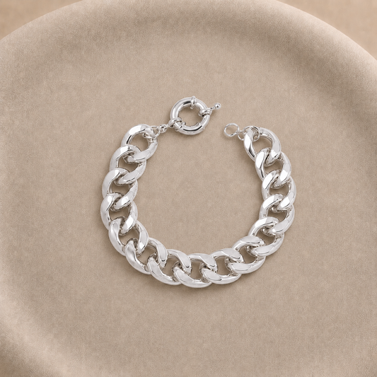 Pulsera de cadena grumet bañada en plata 13 mm con cierre de mosquetón