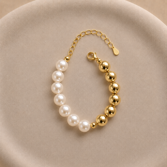 Pulsera Serotonina con perlas y esferas 12 mm bañada en oro ajustable 24 cm