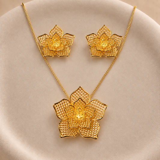 Conjunto collar y aros flor grande bañado en oro 3 cm – Dopamina Studio