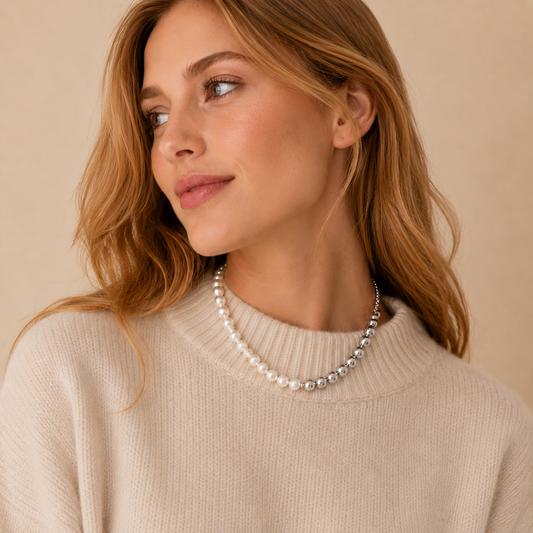 Collar Serotonina con Perlas y Esferas 12 mm Bañado en Plata Ajustable 37–48 cm