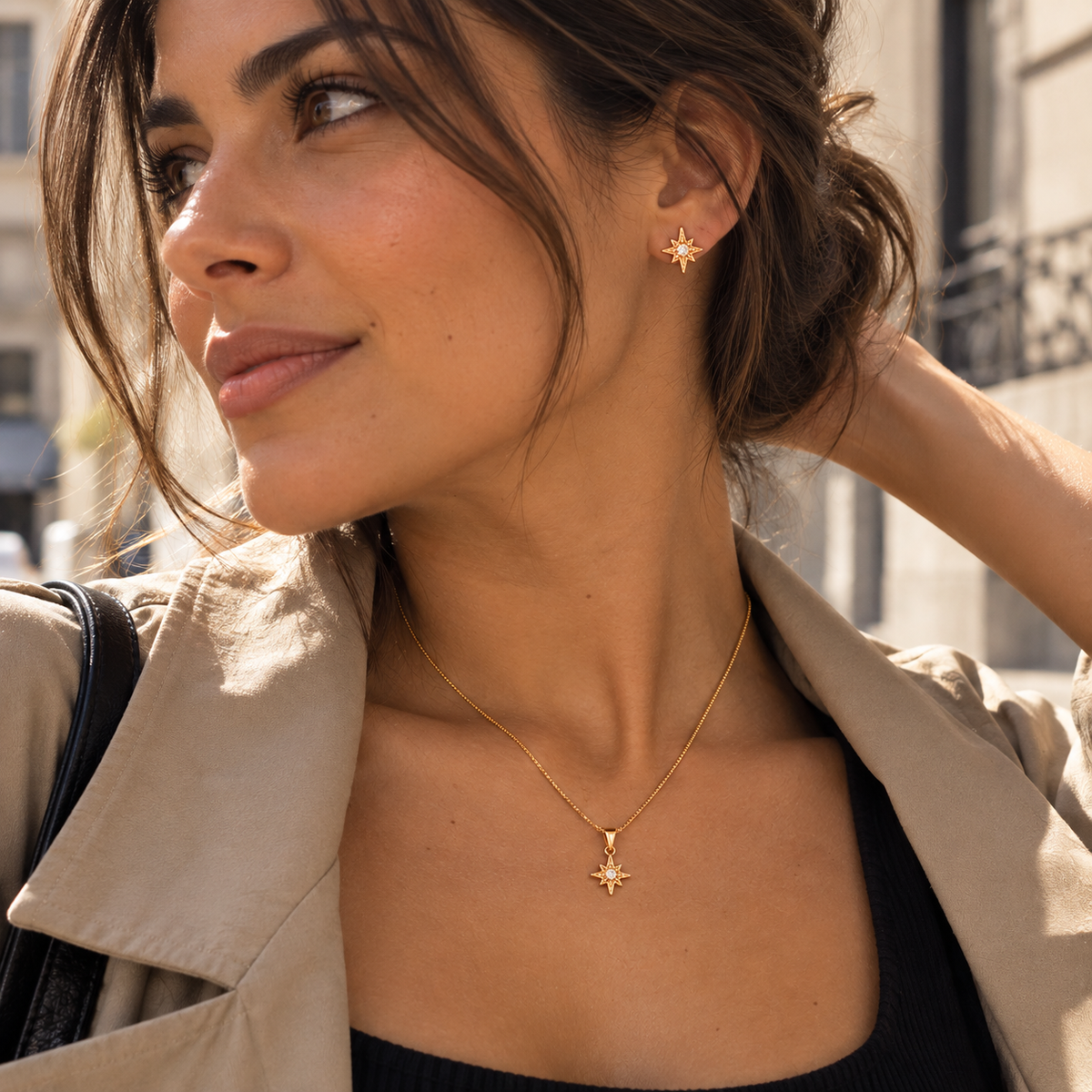 Conjunto collar y aros Estrella Dopamina bañado en oro con circón – Dopamina Studio (vista 3)